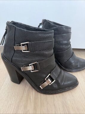L.A.M.B Black Leather Buckle Ankle Boots - Women's High Heel Booties